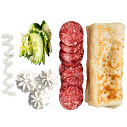 Блин с салями , свежим огурцом и творожным сыром